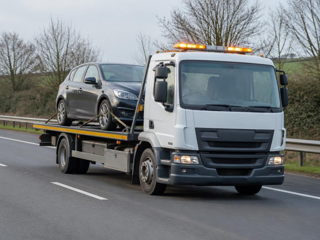 Flatbed recovery truck carrying a car on a British road