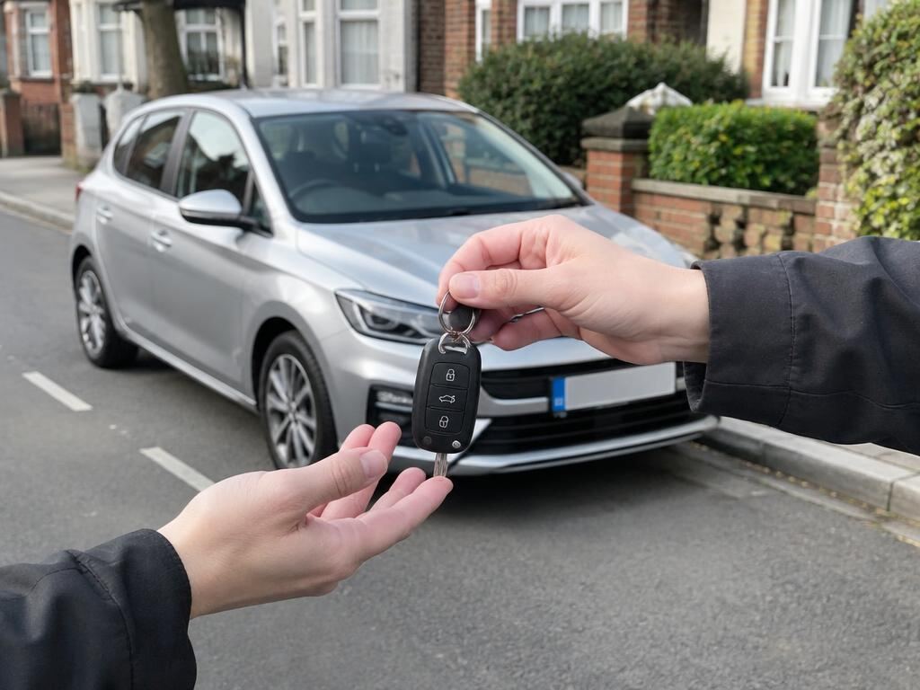Car keys being handed over in front of a silver hatchback