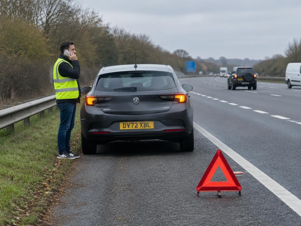Driver in a hi-vis vest phoning for help beside a car on a UK hard shoulder