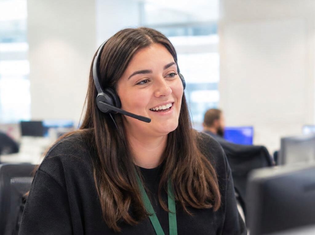 Smiling customer service advisor wearing a headset