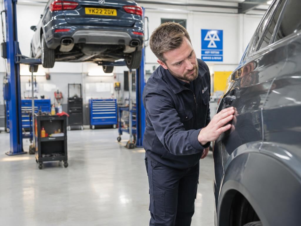 Technician inspecting car bodywork in a vehicle repair workshop